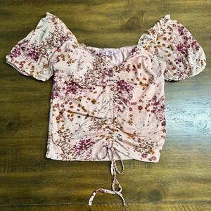 Coquette Cottagecore Floral Ruched Tie Front Baby Doll Crop Top Pink M